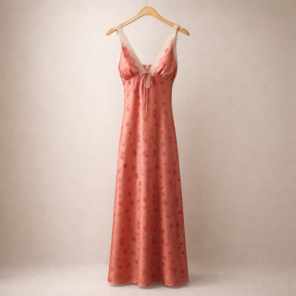 WILDFABLE Satin Floral Slip Dress Lace Trim Maxi Nightgown XS